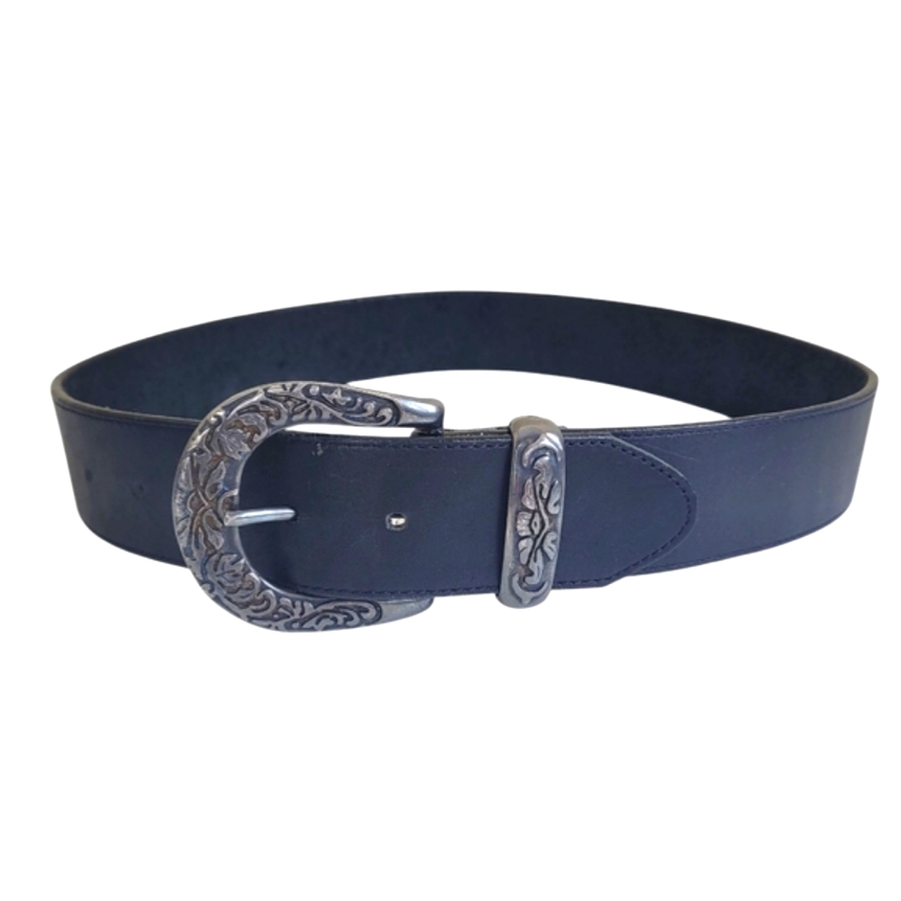 LL Bean Black Leather Belt W Floral Silver Buckle 30 Small Western Boho